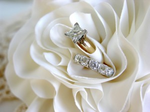 A set of diamond wedding rings in the folds of the bride's dress.